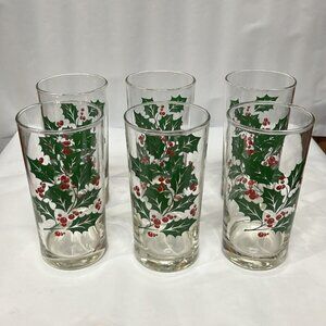 VTG Indiana Glass 6 pc Holiday Beverage Christmas Holly 8oz Glass Glasses Set